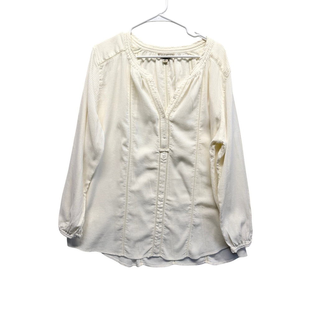 Lucky Brand Womens XL Cream Cotton Gauze Henley Blouse Long Sleeve Lace Trim